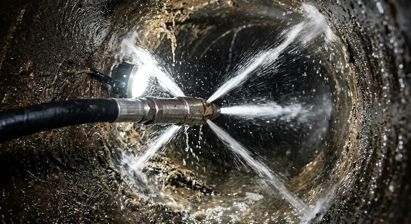 High-pressure hydro jetting nozzle cleaning sewer pipe for Storm Drain Cleaning in East Granby