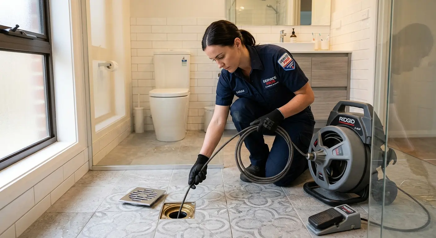 Technician clearing a bathroom floor drain for Drain Repair in East Granby